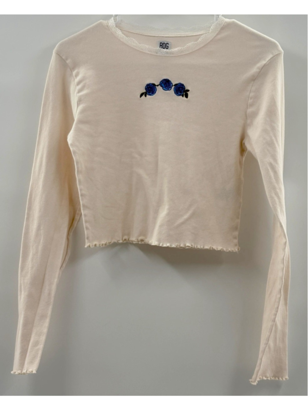 BDG Urban Outfitters Jrs L White Blue Rose Long Sleeve Crop Top Y2K Croquette